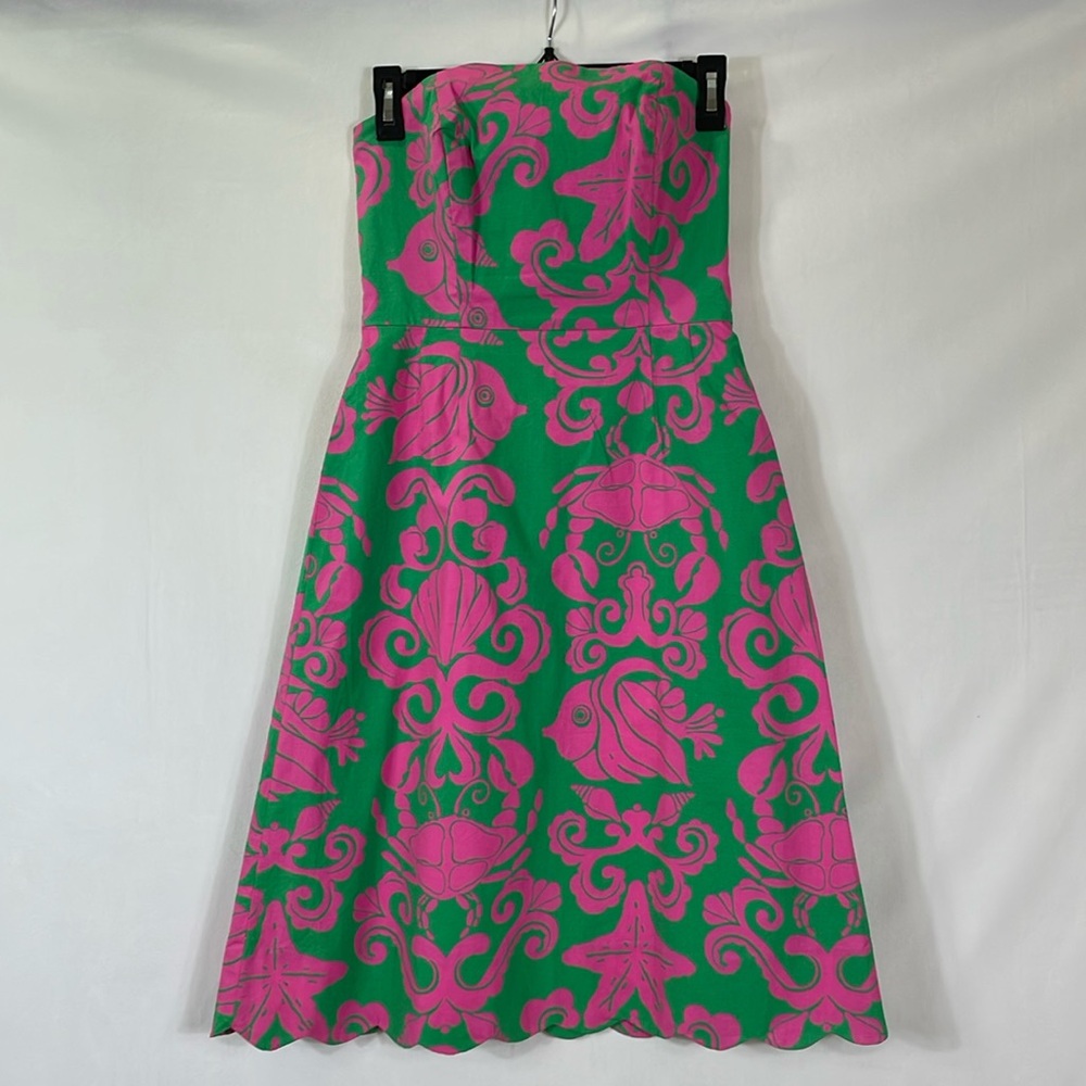 Lilly Pulitzer Strapless Sienna Dress Size 2 Vintage Pink Green Sea Life EUC
